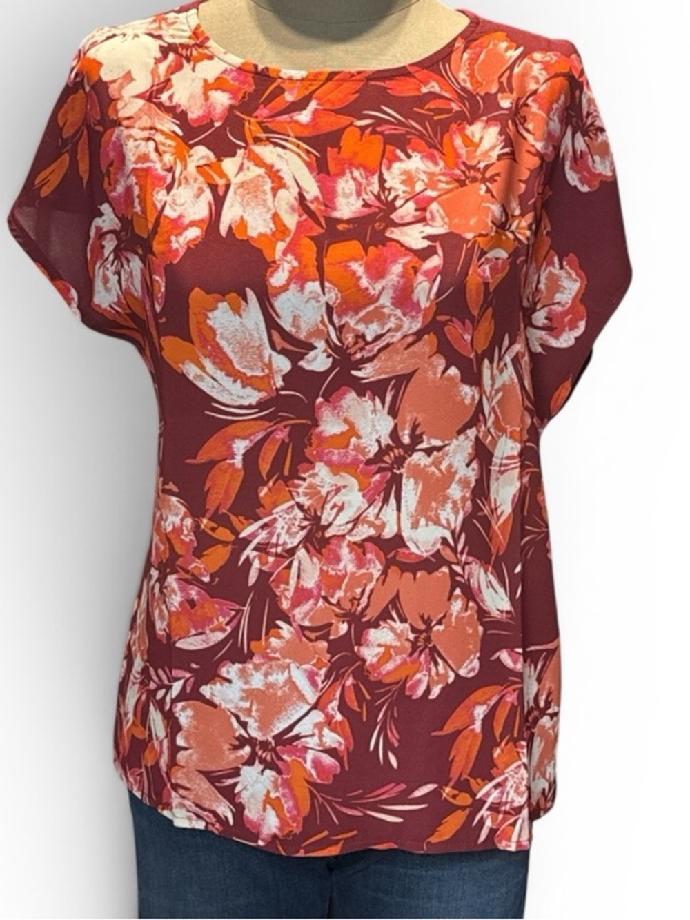 Rafaella Floral Cold Short-Sleeve Blouse in Burgundy w/ Pink & Orange Florals